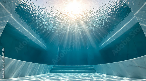 Underwater pool view with sun rays shining through clear blue water