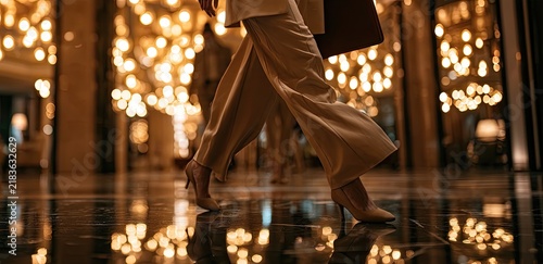 Elegant figure strides through a opulent hall illuminated by warm, glowing lights