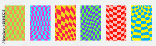 Set of colorful distorted checkerboard patterns with wavy optical illusion effects