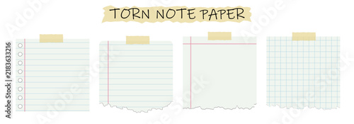 Set of torn note paper sheets with tape, blank torn paper collection with grids, stationery supply for education and business