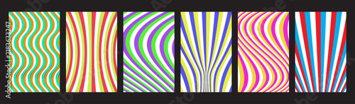 Set of abstract colorful vertical striped backgrounds with wavy and radial distortion effects