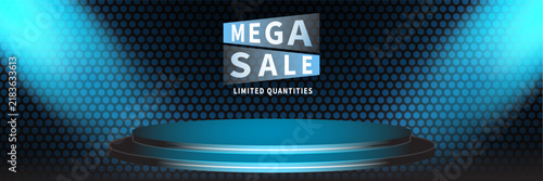 Product display podium with blue spotlights and bokeh background for mega sale event