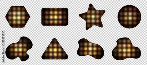 Set of various geometric and organic shapes with a golden halftone dot pattern