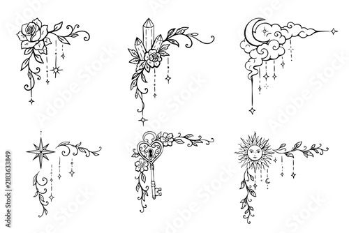 Hand drawn tarot corner ornaments feature celestial and floral sketches