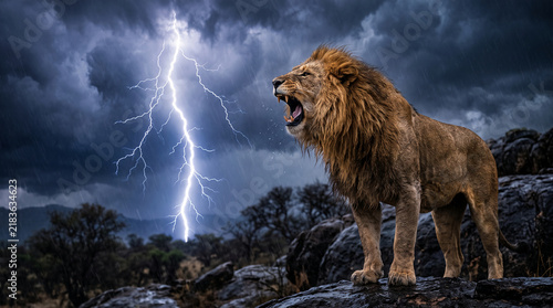 Majestic lion roars during a thunderstorm, showcasing raw power and resilience against the dramatic sky, symbolizing strength and wild nature.