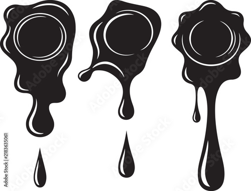 Three black silhouette wax seal stamp icons with dripping wax elements isolated on background