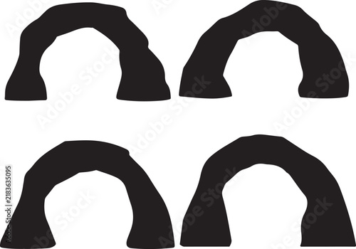 Vector illustration set featuring diverse natural rock arch silhouettes, ideal for graphic design with a transparent background concept