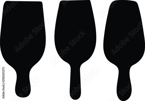 Three minimalist black wine glass silhouettes on a transparent background, vector art