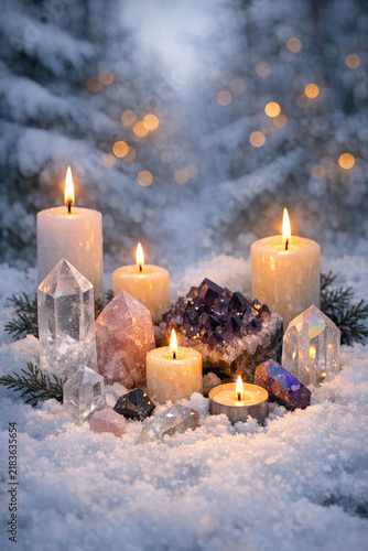 A serene winter solstice ceremony with candles and crystals.