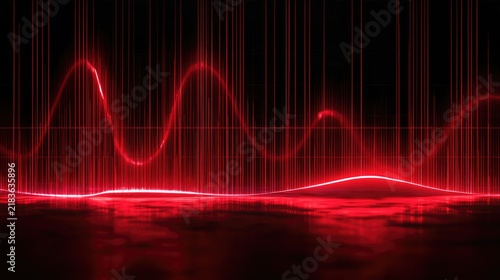 Abstract digital red light wave and vertical lines on reflective surface
