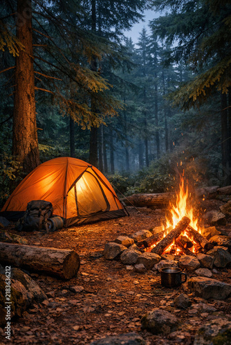 A tranquil forest camping scene featuring a tent, campfire, and picnic area. A serene escape from urban life.