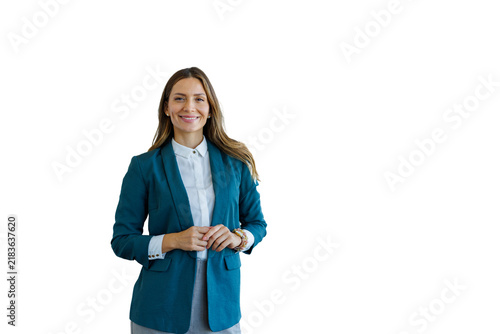 Professional businesswoman smiling confidently on transparent background