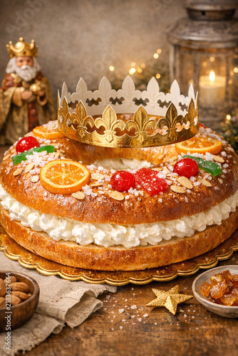 Celebration king cake with fruit, candies and icing decoration, perfect for birthdays or christmas festivities.