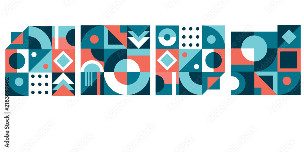 Fototapeta premium A horizontal strip of four distinct, perfectly aligned square geometric art panels, rendered in a clean-lined, flat retro-modernist vector graphic design style. Each of the four modular panels feature