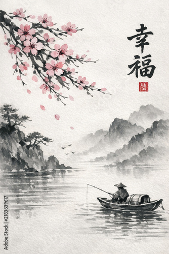 Asian artwork depicting serene river scene