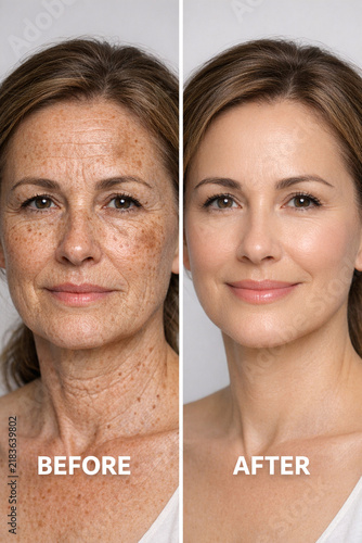 Before and after photos of facial skin improvement.