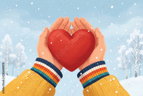 Digital illustration of hands holding a red knitted heart shape outdoors in a snowy winter landscape with falling snow and bare trees.