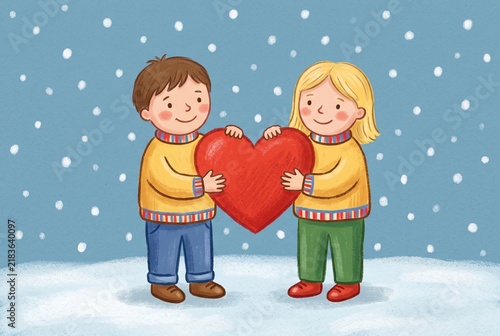 A digital illustration of a boy and a girl standing together in the snow, holding a large red heart with a blue background and falling snow.