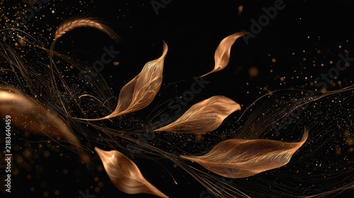 Elegant golden leaves and wisps drift on a dark, shimmering background