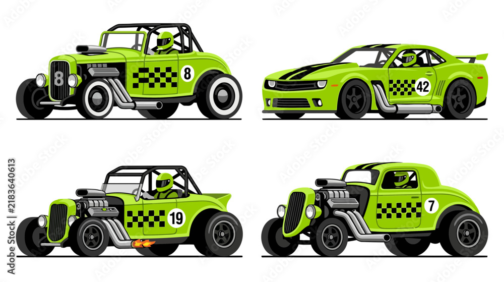 Naklejka premium Green Racing Cars Set: Hot Rods and Sports Car, Isolated