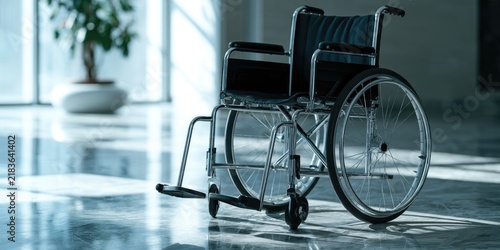 A lone wheelchair sits in a sunlit, reflective hallway with a potted plant