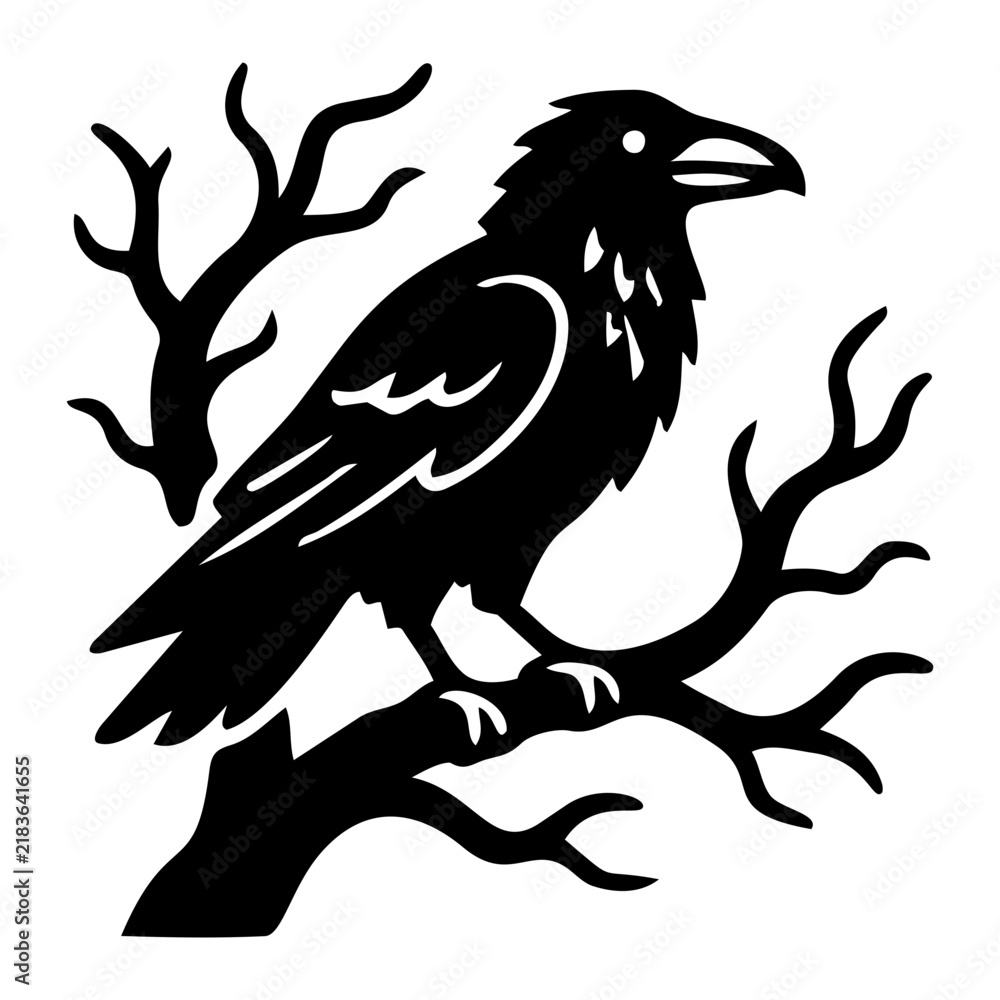 Obraz premium Gothic raven perched on a gnarled dead tree branch for a chilling Halloween atmosphere in the woods icon flat style