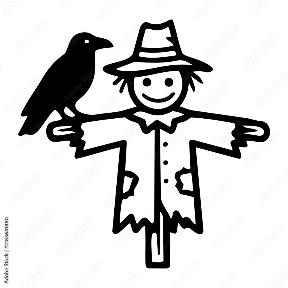 Obraz premium Creepy scarecrow standing in a haunted field with a raven perched on its arm for Halloween season icon flat style