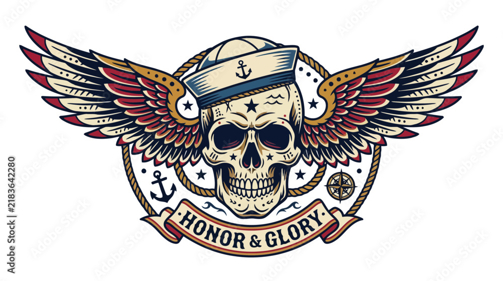 Fototapeta premium Sailor Skull with Wings, Anchor and Compass Emblem - Honor & Glory