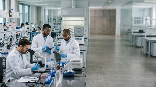 Diverse team of professional scientists conducting research and experiments in a modern medical laboratory
