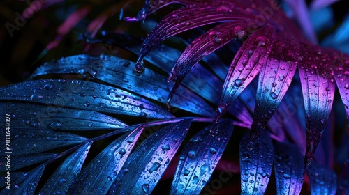 Tropical foliage glistens under vibrant neon blue and purple lights