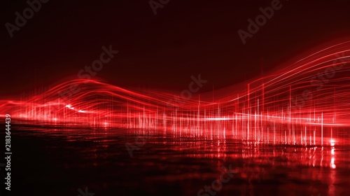 Abstract flowing red light trails over reflective dark surface