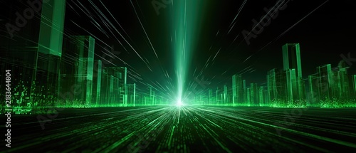 Neon green digital cityscape, light beam from horizon, speed lines