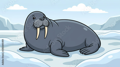 Cute walrus cartoon smiling on an iceberg with snowy mountains