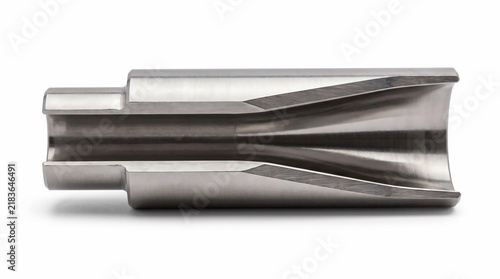 Precision machined stainless steel venturi nozzle component featuring a polished metallic surface and hollow internal geometry isolated on white background