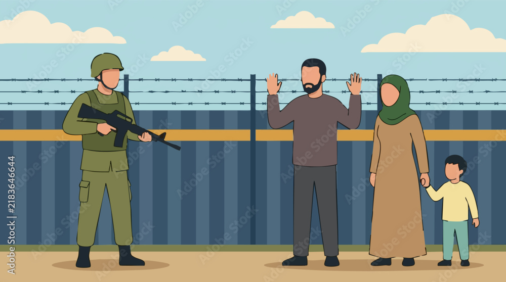 Obraz premium Armed soldier confronting civilian family at border fence, social issue concept