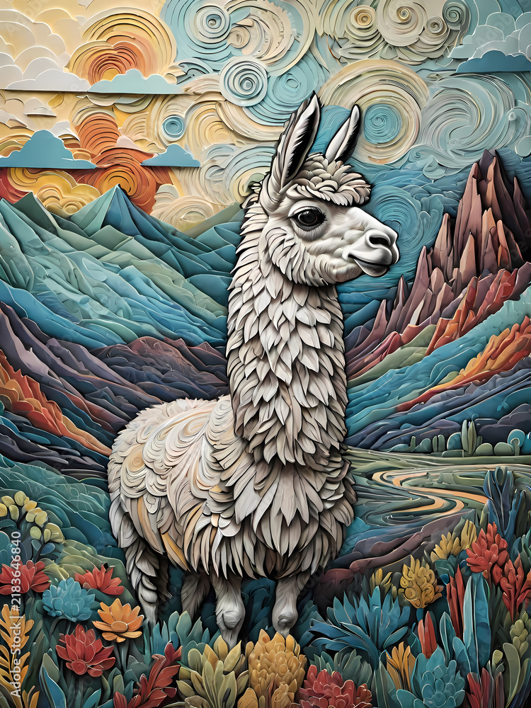 Fototapeta premium 3D textured illustration of a white alpaca llama standing in a vibrant mountain landscape with quilling paper art style swirl sky and flowers
