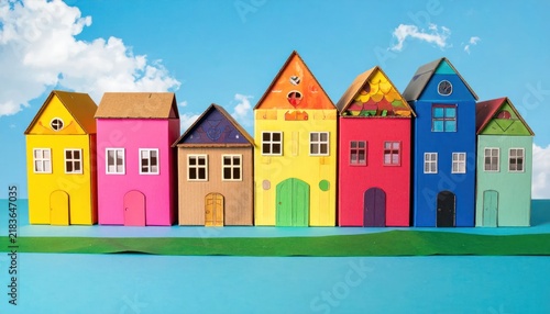 Row of colorful miniature paper houses on blue background.