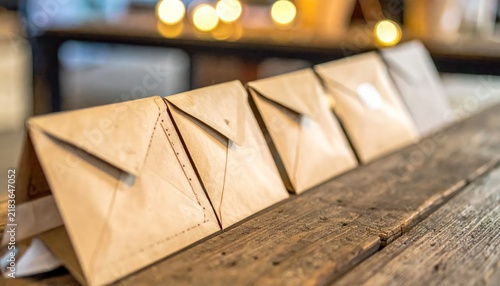 Row of craft paper envelopes on wooden table.