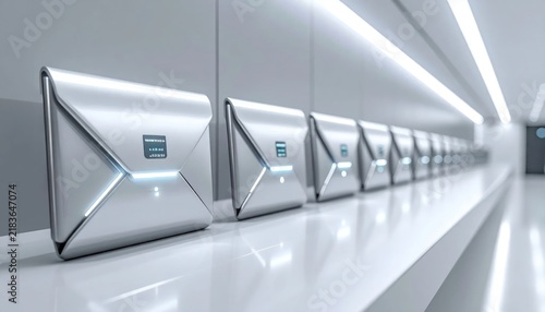 Row of futuristic white technological mail envelopes in perspective.