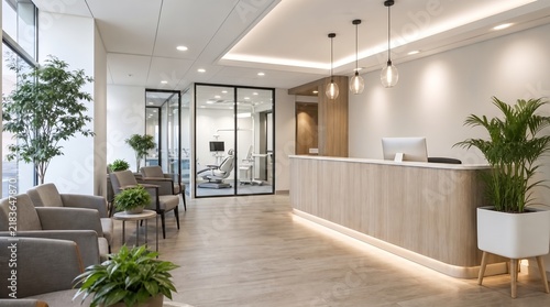 Modern Reception Desk and Waiting Area of a Professional Dental Clinic, Contemporary Healthcare Interior Design