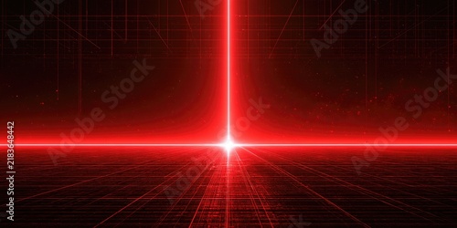 Abstract red digital grid with bright light nexus in perspective