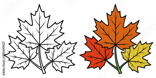 Принти на полотні A comparative illustration showcases the beauty of autumn with a line drawing of maple leaves alongside a vibrant depiction in warm fall colors, highlighting nature's seasonal transition