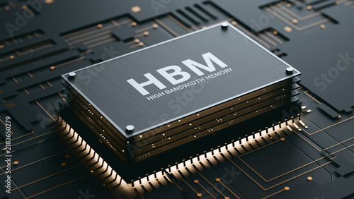 HBM High Bandwidth Memory Chip on Advanced Circuit Board. 3d render