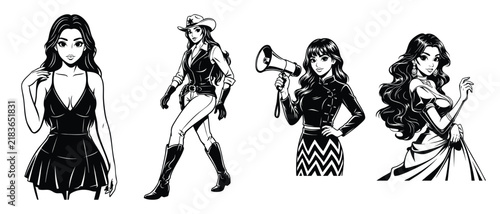 Set of four monochrome manga style illustrations of women in different outfits and poses.