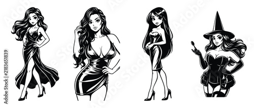 Set of black and white ink illustrations featuring beautiful women in fashionable dresses and a witch outfit.