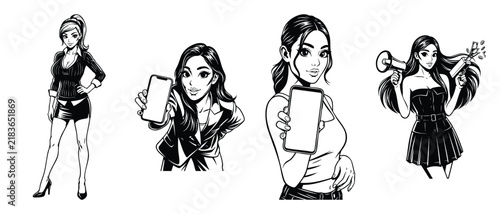 Set of black and white manga style illustrations of young women posing and holding smartphones.