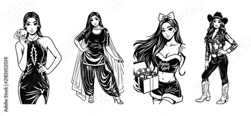 Black and white sketch of four diverse women in different fashion outfits and costumes.