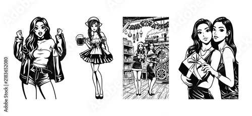 Black and white manga style illustrations of fashionable young women in various poses and outfits.