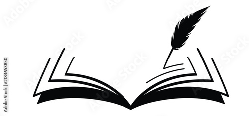 Open book,  bird feathers for a pen and ink. Light feathers silhouette. Bird feather with a slender, slightly curved shaft and sharply tapering barbs. The feather appears light, graceful, and timeless