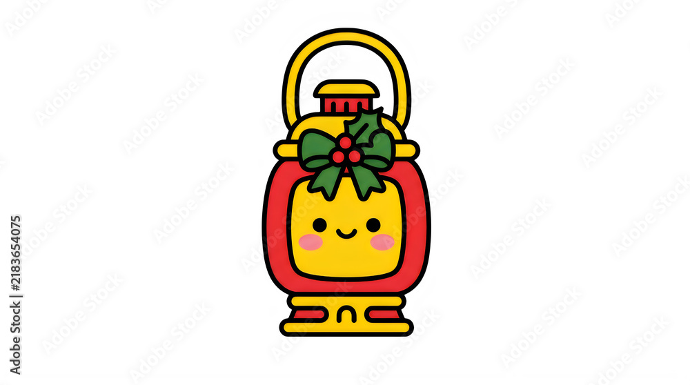 Fototapeta premium Cute cartoon lantern with holiday wreath decoration standing on a base
